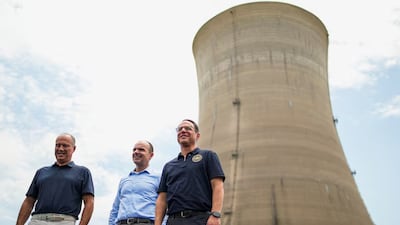 Pennsylvania Governor Josh Shapiro, right, with Bobby Hollis of Microsoft, centre, and Joe Dominguez, Constellation Energy chief executive, at the Three Mile Island nuclear plant in 2025. Reuters