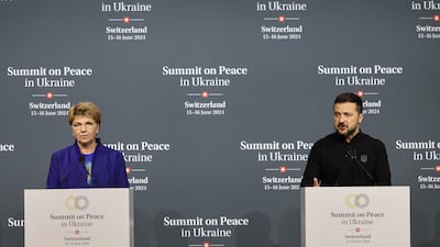 Swiss President Viola Amherd, left, and Ukrainian President Volodymyr Zelenskyy before the Summit on Peace in Ukraine. Getty Images