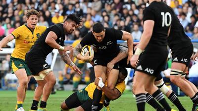 New Zealand centre Sonny Bill Williams is tackled during the Bledisloe Cup match against Australia at Yokohama International Stadium in Japan. AFP