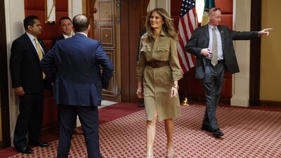 First lady Melania Trump walks in a hallway before a meeting between US president Donald Trump and Bahrain’s King Hamad bin Isa Al Khalifa, on Sunday, May 21, 2017, in Riyadh. Evan Vucci / AP Photo