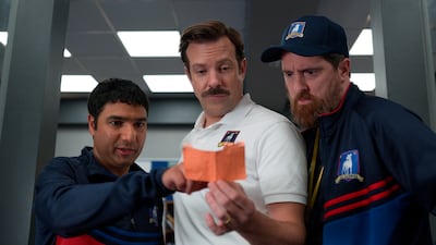 From left, Nick Mohammed, Jason Sudeikis and Brendan Hunt in 'Ted Lasso'. Apple TV + via AP