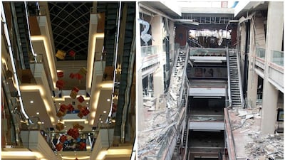 Shahba Mall, one of the largest commercial shopping centres in Syria, before it was damaged on December 12, 2009, left, and on October 16, 2014. Khalil Ashawi (left) / Abdalrhman Ismail / Reuters