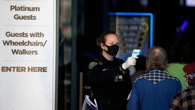 A security official checks the temperature of a man at the entrance to the Viejas Casino and Resort as it reopens in Alpine, California, US. AP Photo