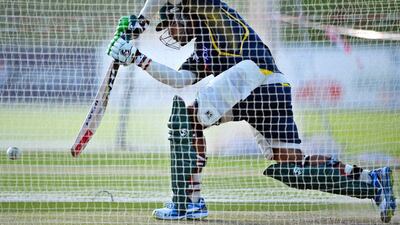 Umar Akmal, a bright spot for Pakistan, drives during the team’s net session on Tuesday in Abu Dhabi. Pakistan will meet South Africa on Wednesday in their third ODI. Asif Hassan / AFP