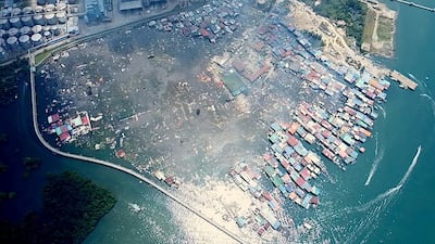 Kampung Bahagia village, built on water, seen after a fire in Sandakan, Malaysia. The blaze destroyed about 1,000 makeshift homes, most built on stilts, and displaced thousands of people. EPA