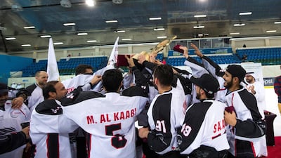 Abu Dhabi Storms team celebrating their win over Belarus in the President's Cup final at the Zayed Sport City Ice Rink in Abu Dhabi. Leslie Pableo for The National
