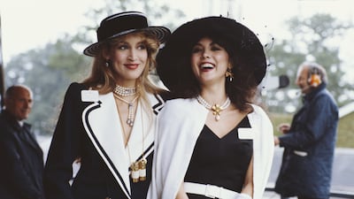 Models Marie Helvin and Jerry Hall at Royal Ascot in 1982. Getty Images