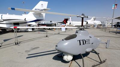 A TD220ME, which is a coaxial VTOL unmanned helicopter, on static display at the Dubai Airshow. Victor Besa for The National