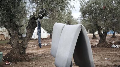 Location: Al-Karama camp in Atama. The aftermath of heavy rainfall on north Syria, residents lost their furniture, clothes and bedding as well as the tents waiting outside in open lands until the civil defense and NGs arrive to rescue them.