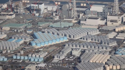 An aerial view of the TEPCO's Fukushima Daiichi Nuclear Power Plant undergoing decommissioning work and tanks for storing treated water. AFP