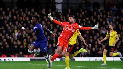 Soccer Football - Premier League - Watford v Chelsea - Vicarage Road, Watford, Britain - November 2, 2019 Chelsea's Tammy Abraham scores their first goal Action Images via Reuters/Andrew Boyers EDITORIAL USE ONLY. No use with unauthorized audio, video, data, fixture lists, club/league logos or "live" services. Online in-match use limited to 75 images, no video emulation. No use in betting, games or single club/league/player publications. Please contact your account representative for further details.