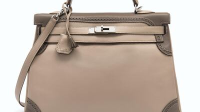 A limited edition Argile and Etoupe Swift leather Ghillies Retourne Kelly 32 with palladium hardware. Courtesy Christie's