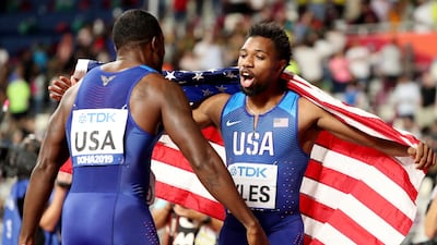 Noah Lyles, right, and Christian Coleman, left, will aim to defend their 200m and 100m world titles respectively in 2022. Reuters
