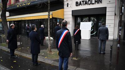 French Prime Minister Jean Castex, Paris Mayor Anne Hidalgo, French Justice Minister Eric Dupond-Moretti, and French Interior Minister Gerald Darmanin pay tribute outside the Bataclan concert venue, in Paris. EPA