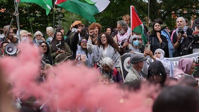 Protesters outside Woolwich Crown Court as Palestine Action activists are due to be sentenced. PA