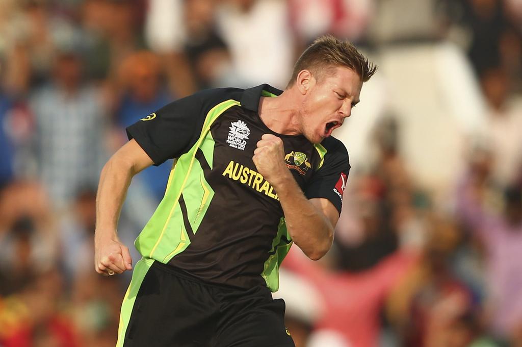 James Faulkner of Australia celebrates after taking the wicket of Sharjeel Khan of Pakistan during their WT20 India Group 2 match at I.S. Bindra Stadium on March 25, 2016 in Mohali, India. (Photo by Ryan Pierse/Getty Images)