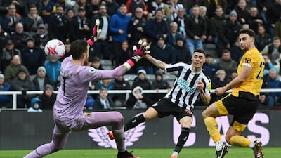 NEWCASTLE UPON TYNE, ENGLAND - MARCH 12: Miguel Almiron of Newcastle United scores the team's second goal during the Premier League match between Newcastle United and Wolverhampton Wanderers at St. James Park on March 12, 2023 in Newcastle upon Tyne, England. (Photo by Michael Regan / Getty Images)