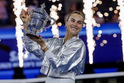 Aryna Sabalenka of Belarus poses with the trophy after defeating Amanda Anisimova in the 2025 US Open final. EPA