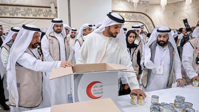 Sheikh Rashid bin Humaid, chairman of the Municipality and Planning Department in Ajman, supported the latest Gaza aid collection event in Ajman. Photo: Wam