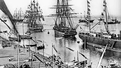 The inaugural ceremony of the Suez Canal in 1869. Frederic-Auguste Bartholdi pitched the Suez Canal Company on a large copper statue, modelled after the Colossus of Rhodes, of an 80 foot woman wearing Egyptian peasant robes and bearing a torch which would double as a lighthouse. The Suez Canal Company wasn't interested – but the French government and New York state were. Bartholdi's project became the Statue of Liberty. Getty Images