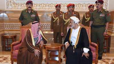 Sultan Sayyid Haitham Bin Tariq Al Said receives Kuwait's Emir Sheikh Sabah al-Ahmad al-Jaber al-Sabah in Muscat. AFP