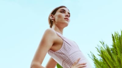 Pale pink graphic lace dress. Courtesy Whistles