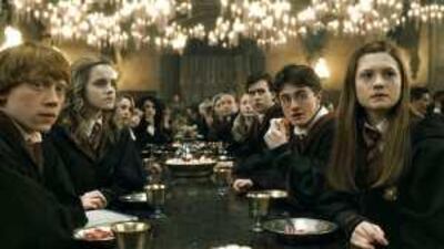 The actors Rupert Grint, left, Emma Watson, second from left, Matthew Lewis, third from right, and Daniel Radcliffe, second from right, and Bonnie Wright, right, in a scene from Harry Potter and the Half-Blood Prince.