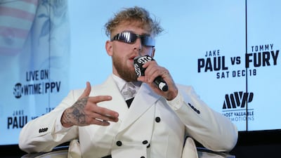 Jake Paul speaks during a news conference to promote his Showtime pay-per-view boxing event against Tommy Fury at Resorts World Las Vegas on November 6, 2021 in Las Vegas, Nevada. Paul will face Fury in an eight-round cruiserweight bout, at a 192-pound catchweight, at Amalie Arena in Tampa, Florida on December 18. AFP