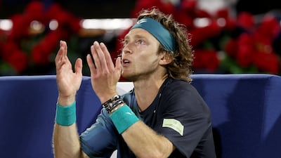 Andrey Rublev after being disqualified for shouting at a line judge while playing Alexander Bublik in the Dubai Duty Free Tennis Championships semi-finals on March 1, 2024. Getty Images