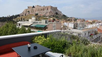 The view of the Acropolis from the rooftop terrace of the AthensWas hotel. Rosemary Behan