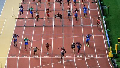 A composite image of athletes competing in the 110m hurdles final, won by American Grant Holloway, at the World Athletics Championships in Budapest. Photo: Casey Sims for World Athletics