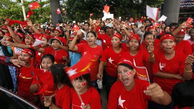 Supporters of Aung San Suu Kyi’s National League for Democracy rally in Naypyidaw before the general elections. Aung Shine Oo / AP Photo