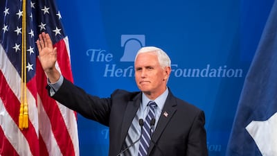 Former vice president Mike Pence delivers a China policy speech at The Heritage Foundation. EPA