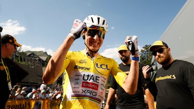 UAE Team Emirates-XRG's Tadej Pogacar celebrates after winning Stage 10. Reuters