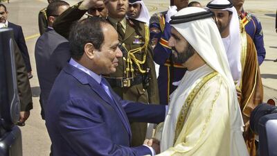 HH Sheikh Mohammed bin Rashid Al Maktoum, the Vice President and Prime Minister of the UAE and Ruler of Dubai, is greeted by president Abdel Fattah El Sisi upon his arrival in Egypt on March 13, 2015. WAM