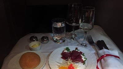 Dinner in the new Alitalia business class cabin. Passengers can now eat when they want. Courtesy Jonny Clark
