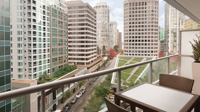 A view of downtown from the balcony of an Orchid Suite