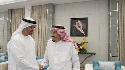 Sheikh Mohammed bin Zayed, Crown Prince of Abu Dhabi and Deputy Supreme Commander of the Armed Forces, attends a reception hosted by King Salman bin Abdulaziz Al Saud, of Saudi Arabia and Custodian of the Two Holy Mosques, during an official visit to Saudi Arabia. Mohamed Al Hammadi / Crown Prince Court - Abu Dhabi