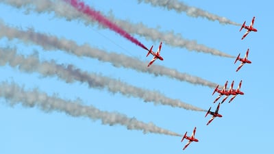 The Red Arrows fly over Carbis Bay and St Ives during the G7 summit. Getty