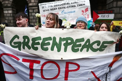 Climate activists demonstrate against Rosebank and Jackdaw developments outside the court of session in Edinburgh, Scotland. Getty Images
