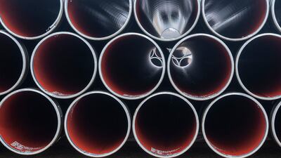 Pipes stacked at the Baltic Pipe at Houstrup Strand, near Noerre Nebel, Jutland, Denmark. AFP