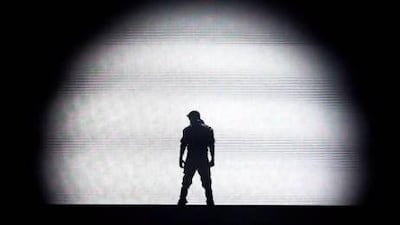 Justin Bieber arrives on stage at the Dubai Sevens stadium on Saturday. Jumana El Heloueh / Reuters