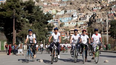 Activists took to their bikes on Friday morning, cycling about 20 kilometres through Kabul. Stefanie Glinksi for The National