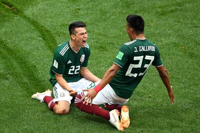 Hirving Lozano celebrates with Jesus Gallardo against Germany. Getty Images