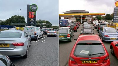 Left: 23 cars and lorries queuing for petrol at Sarn Park services on Friday morning, right: Cars queue for petrol at a Shell service station in Manchester in 2000. Paul Carey / The National / AFP