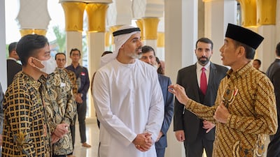 Sheikh Khaled with Mr Widodo at the 10,000 capacity mosque that was inaugurated in November. It is a smaller replica of the Sheikh Zayed Grand Mosque in Abu Dhabi