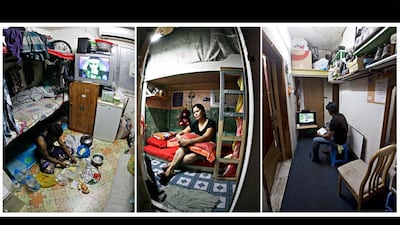 Left, a resident labourer, middle, a woman who shares a bed space with one other lady and pays Dh600 a month in rent, and right, a resident watches television in the hallway.