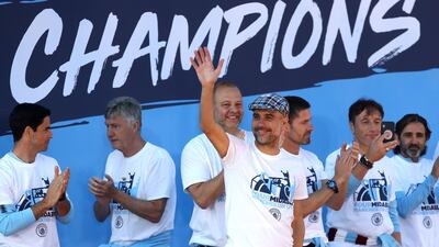 Manchester City manager Pep Guardiola celebrates winning another Premier League. PA