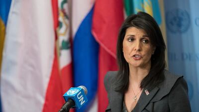 Outgoing US ambassador to the United Nations Nikki Haley speaks to reporters. AP