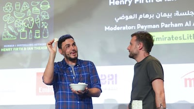 Henry Firth, left, and Ian Theasby, held a vegan supper club at this month's Emirates Airline Festival of Literature. Courtesy Emirates Airline Festival of Literature